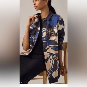 Anthropologie Icon Sweater Coat Beaded Forest Landscape Tiger Gray Nude Blue